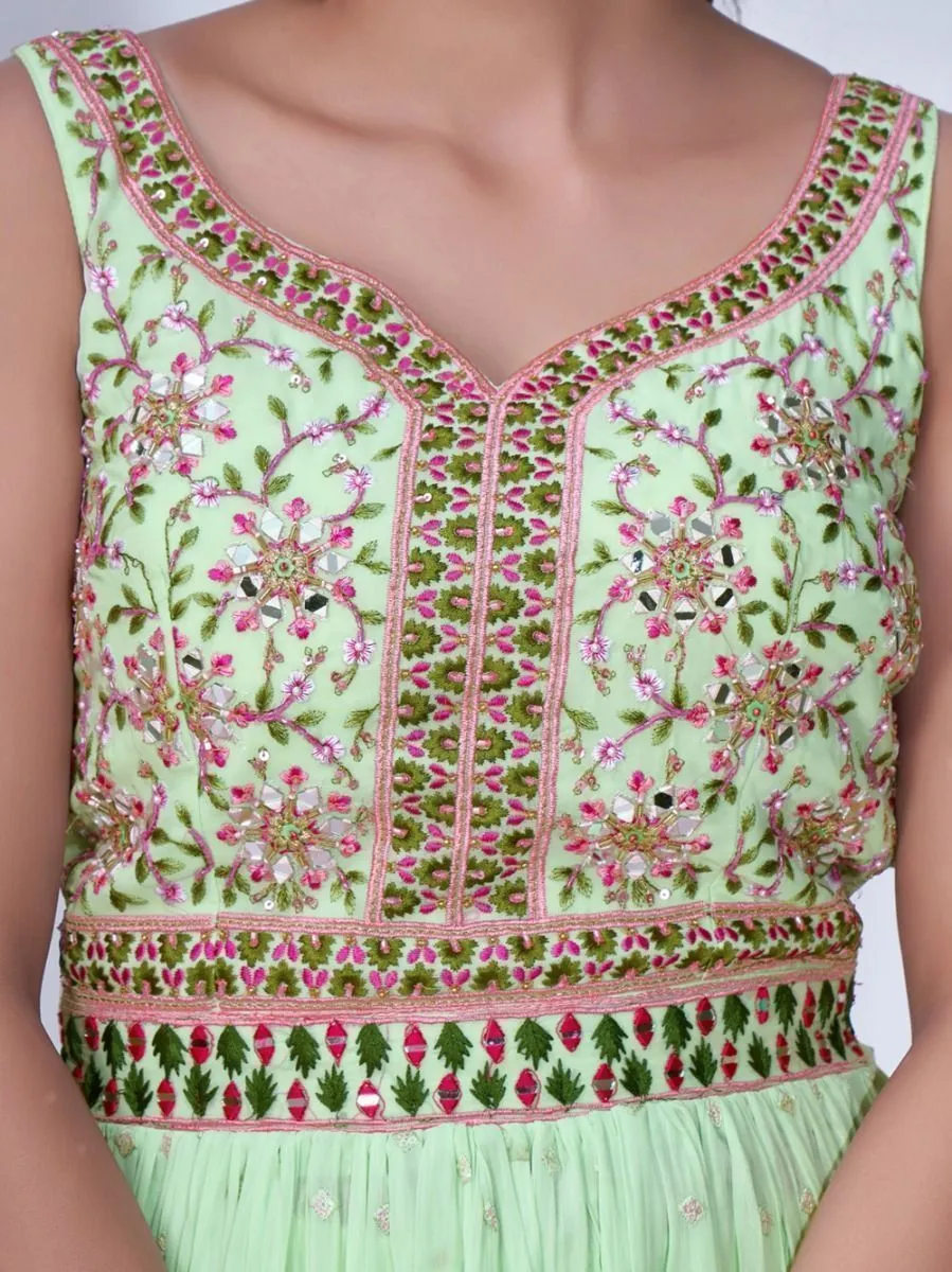 Green Mirror Work Multi Embroidery Chiffon Palazzo Suit