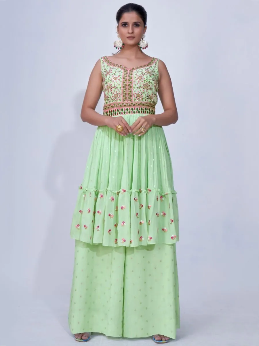 Green Mirror Work Multi Embroidery Chiffon Palazzo Suit