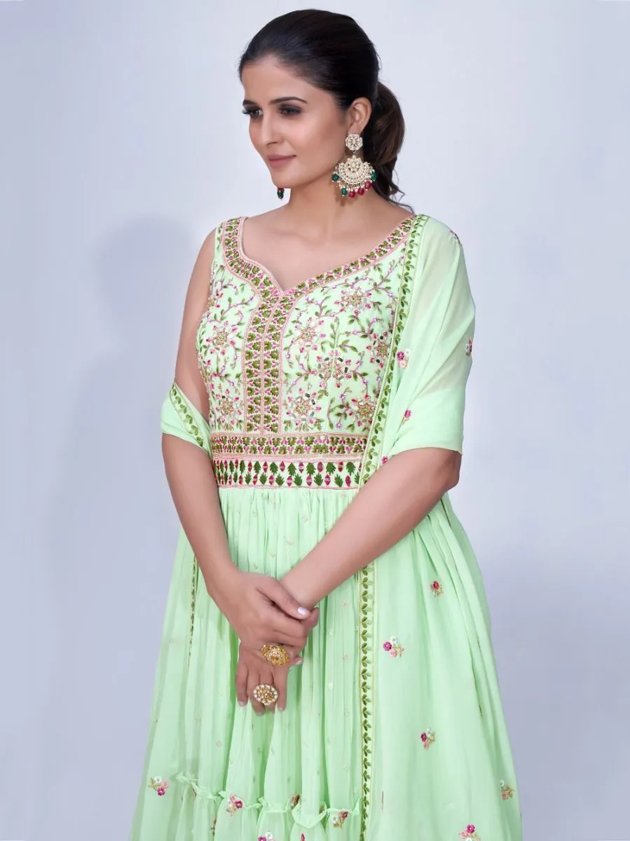 Green Mirror Work Multi Embroidery Chiffon Palazzo Suit