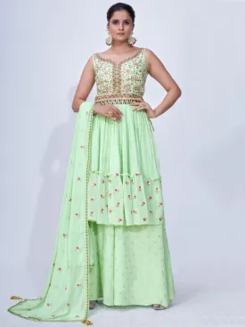 Green Mirror Work Multi Embroidery Chiffon Palazzo Suit