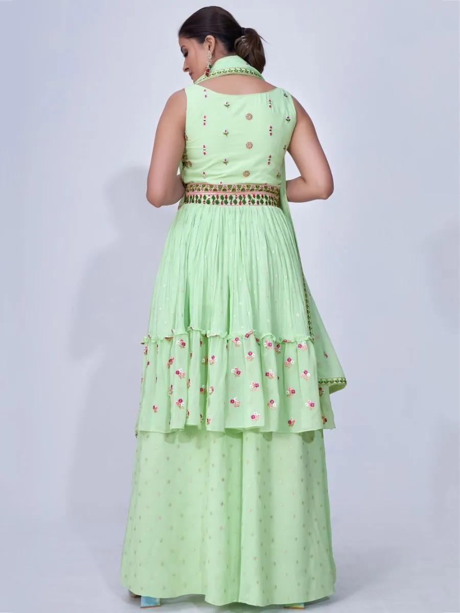 Green Mirror Work Multi Embroidery Chiffon Palazzo Suit