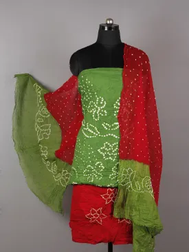 Green Red White Hand Tie & Dye Bandhej Suit Salwar Dupatta (Set of 3)  - S16281259