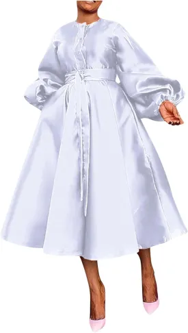 HGps8w Satin Swing Cocktail Midi Dresses for Women Elegant Puff Sleeve Button Front A-Line Formal Party Prom Dress