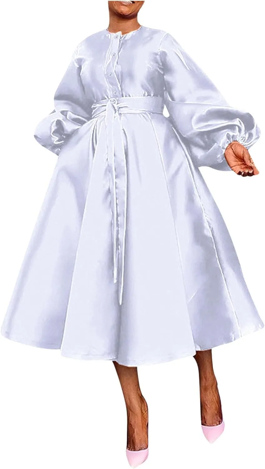 HGps8w Satin Swing Cocktail Midi Dresses for Women Elegant Puff Sleeve Button Front A-Line Formal Party Prom Dress