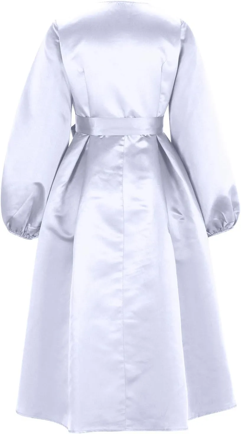 HGps8w Satin Swing Cocktail Midi Dresses for Women Elegant Puff Sleeve Button Front A-Line Formal Party Prom Dress