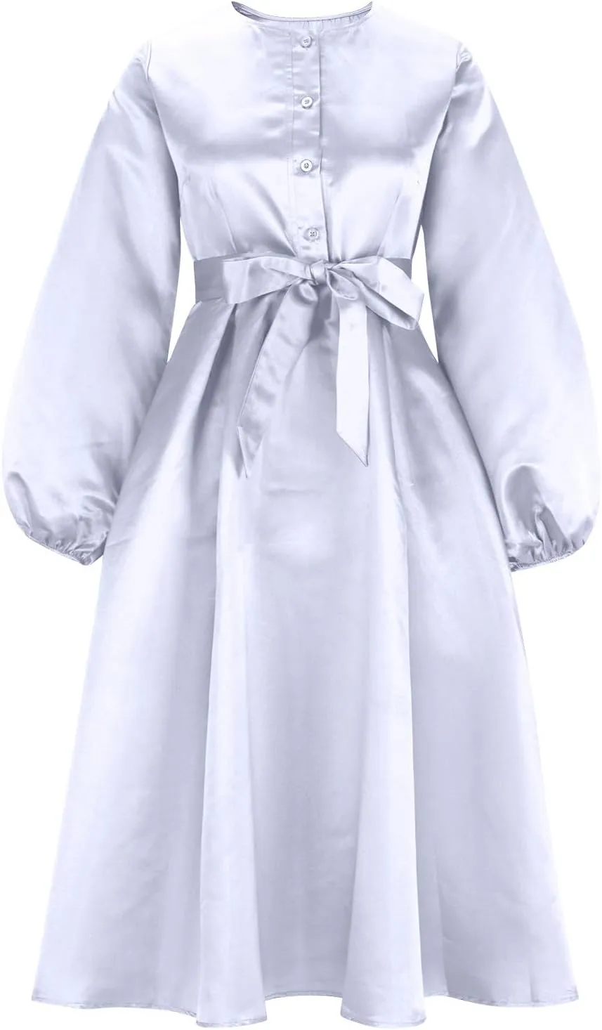 HGps8w Satin Swing Cocktail Midi Dresses for Women Elegant Puff Sleeve Button Front A-Line Formal Party Prom Dress