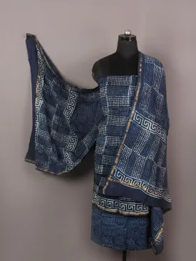 Indigo Ivory Hand Block Printed Chanderi Unstitched Kurta & Chanderi Dupatta With Cotton Salwar - S1628184