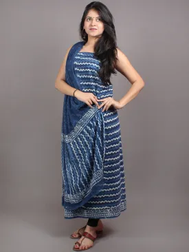Indigo White Hand Block Printed Cotton Suit-Salwar Fabric With Chiffon Dupatta - S1628053