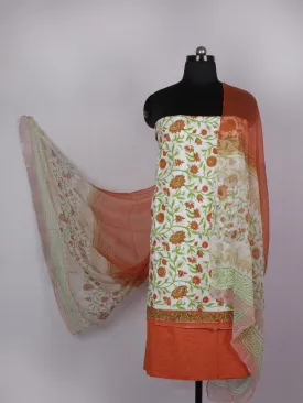 Ivory Orange Green Hand Block Printed Cotton Suit-Salwar Fabric With Chiffon Dupatta - S16281228