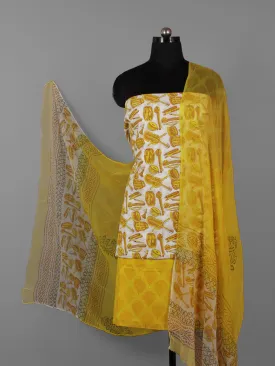 Ivory Yellow Hand Block Printed Cotton Suit-Salwar Fabric With Chiffon Dupatta (Set of 3) - S16281294