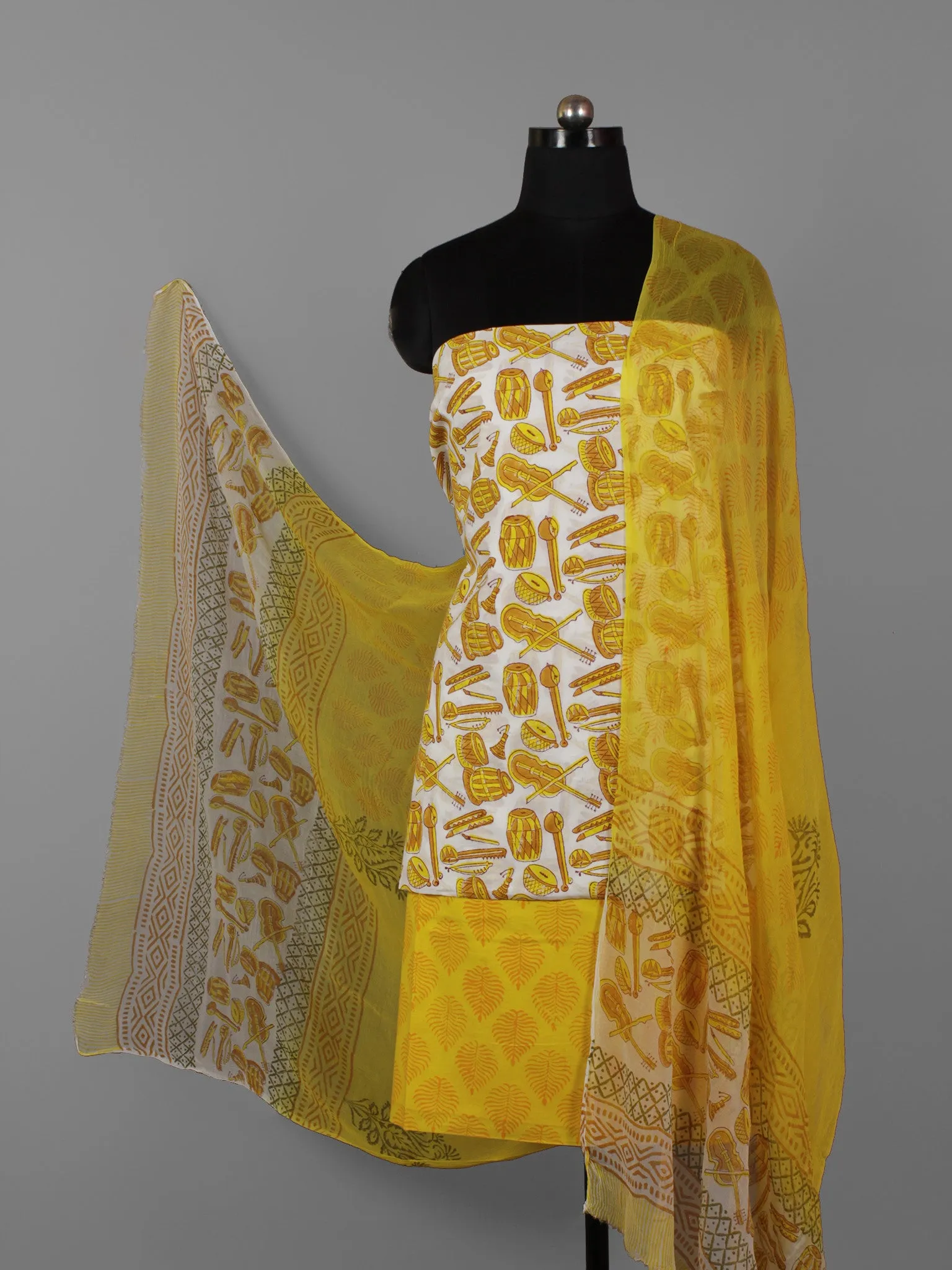 Ivory Yellow Hand Block Printed Cotton Suit-Salwar Fabric With Chiffon Dupatta (Set of 3) - S16281294