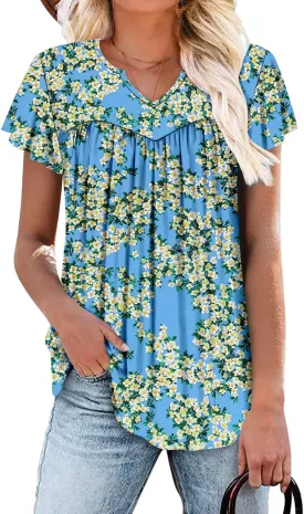 KISSMODA Tops for Womens Summer Cute Short Sleeve Shirts Trendy Notched Neck Blouses Casual Loose Pleated Tunics S-3Xl