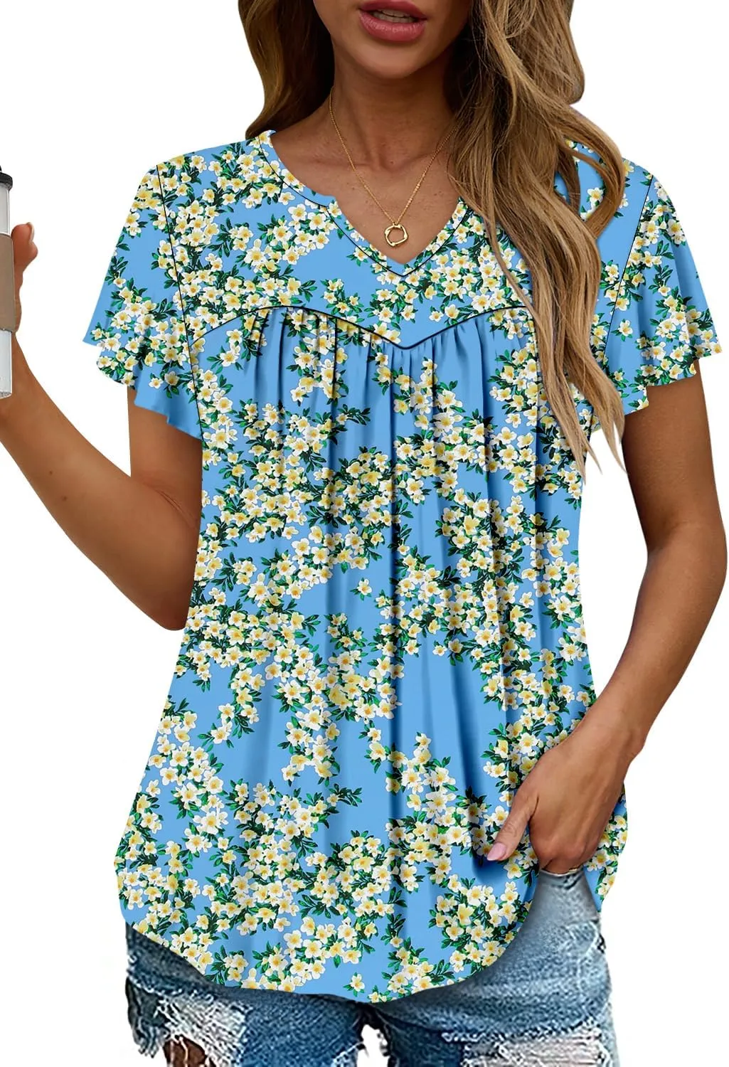 KISSMODA Tops for Womens Summer Cute Short Sleeve Shirts Trendy Notched Neck Blouses Casual Loose Pleated Tunics S-3Xl