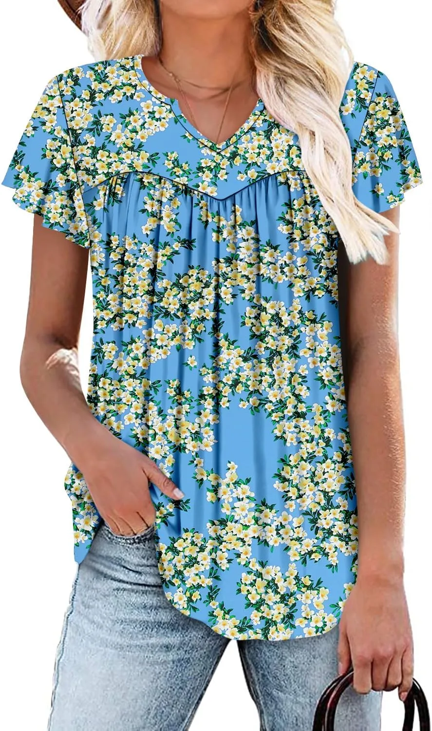 KISSMODA Tops for Womens Summer Cute Short Sleeve Shirts Trendy Notched Neck Blouses Casual Loose Pleated Tunics S-3Xl