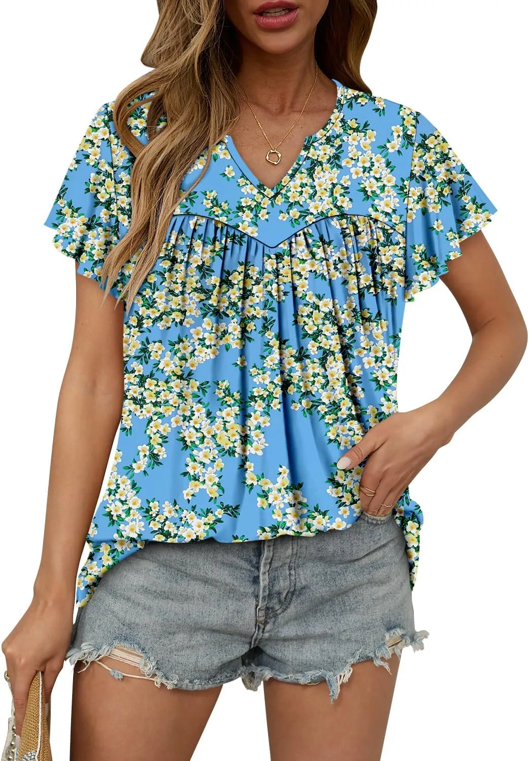 KISSMODA Tops for Womens Summer Cute Short Sleeve Shirts Trendy Notched Neck Blouses Casual Loose Pleated Tunics S-3Xl