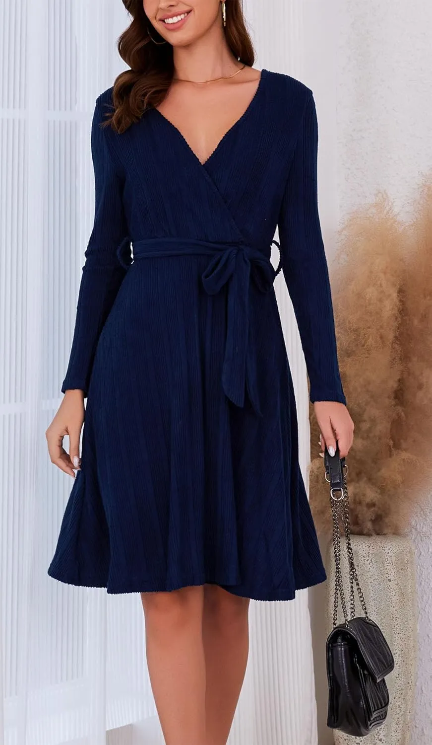 Kormei Women's Sweater Dress Long Sleeve Casual Outfits V Neck Ribbed Knit Belt Wedding Dresses