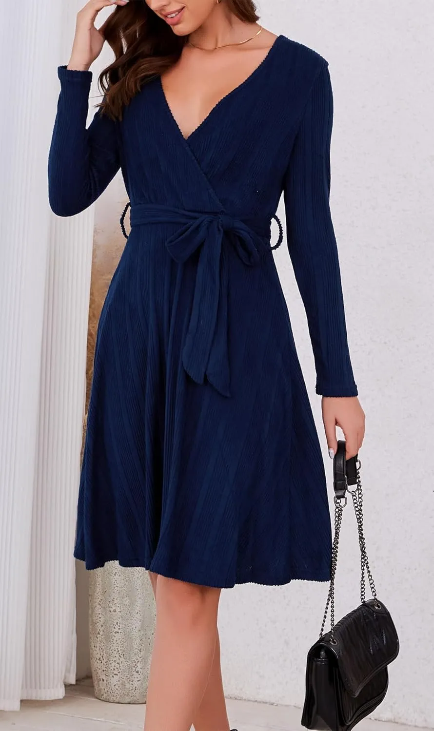 Kormei Women's Sweater Dress Long Sleeve Casual Outfits V Neck Ribbed Knit Belt Wedding Dresses