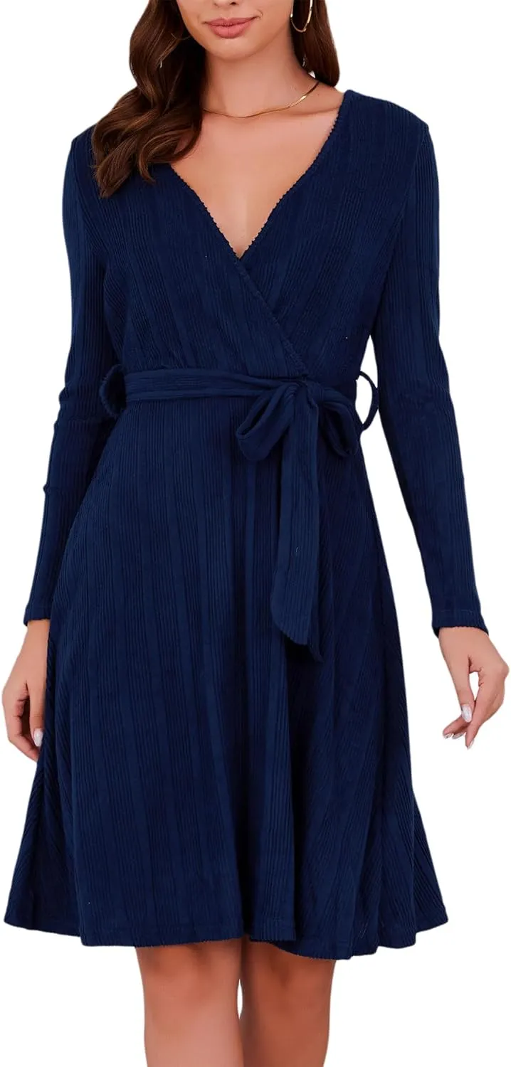 Kormei Women's Sweater Dress Long Sleeve Casual Outfits V Neck Ribbed Knit Belt Wedding Dresses