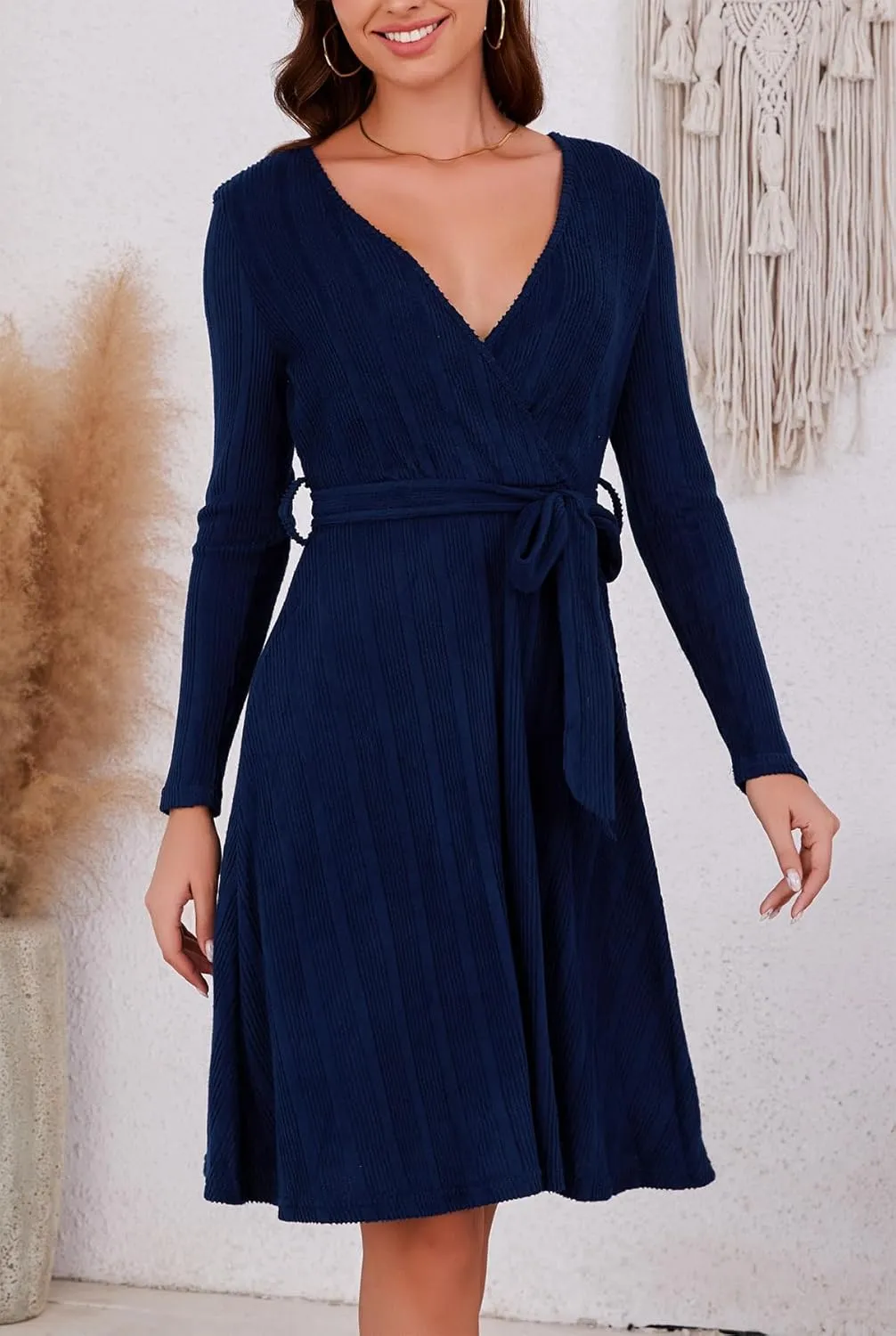 Kormei Women's Sweater Dress Long Sleeve Casual Outfits V Neck Ribbed Knit Belt Wedding Dresses
