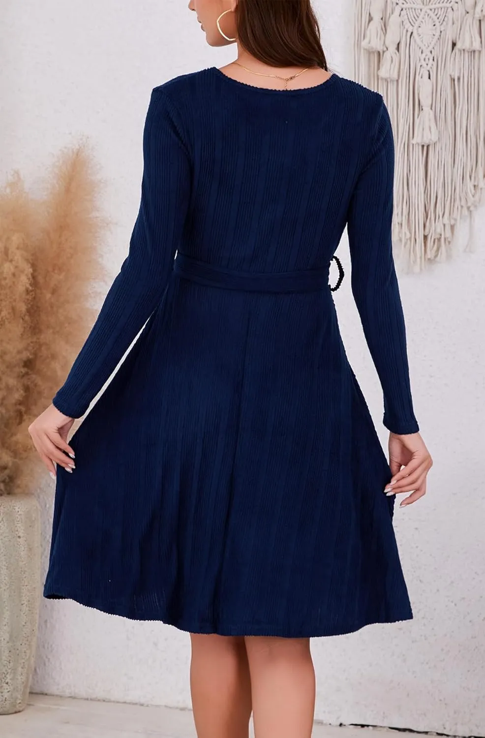 Kormei Women's Sweater Dress Long Sleeve Casual Outfits V Neck Ribbed Knit Belt Wedding Dresses