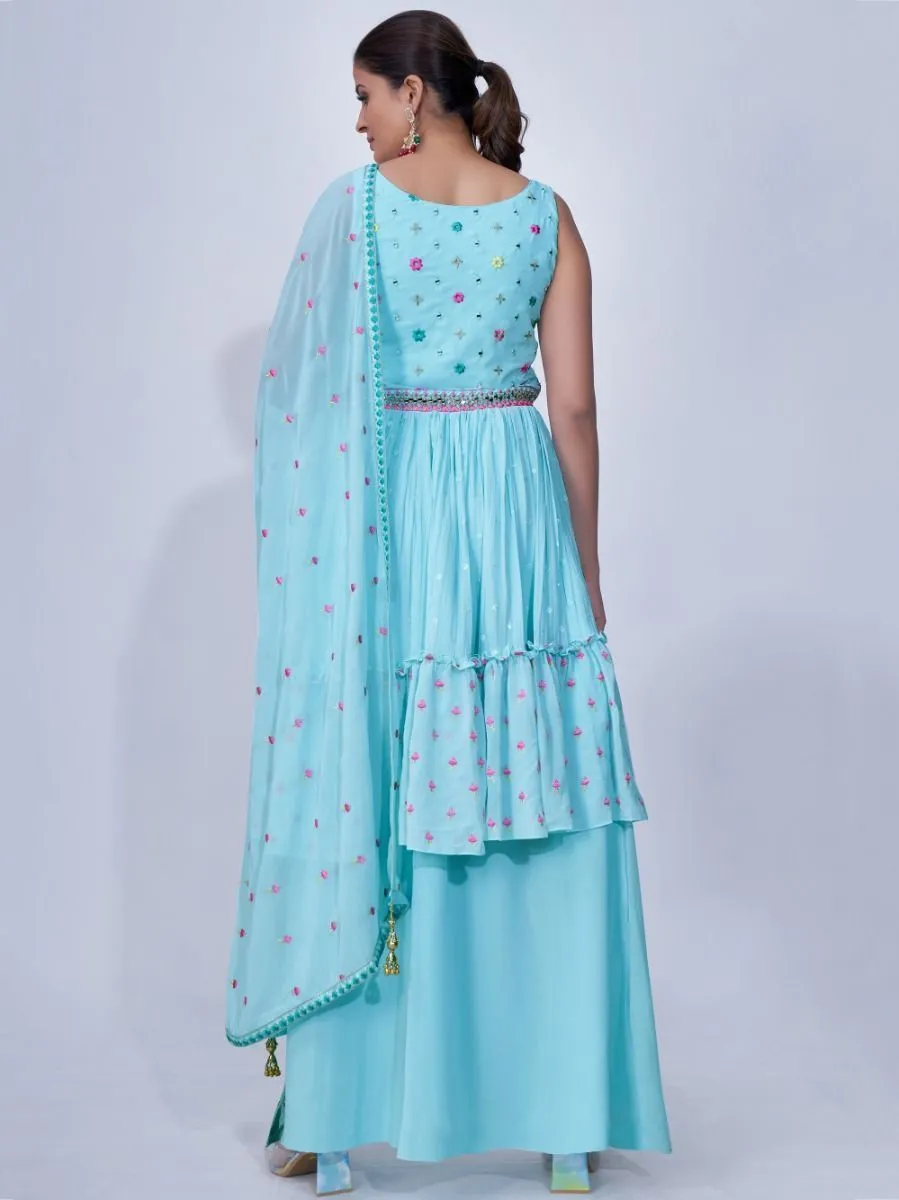 Light Blue Mirror Work Multi Embroidery Chiffon Palazzo Suit