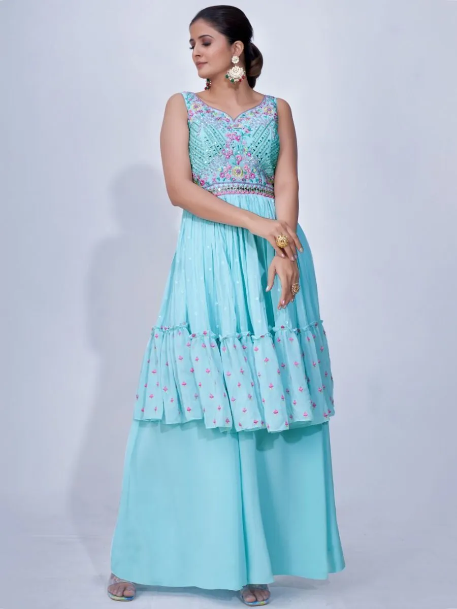Light Blue Mirror Work Multi Embroidery Chiffon Palazzo Suit