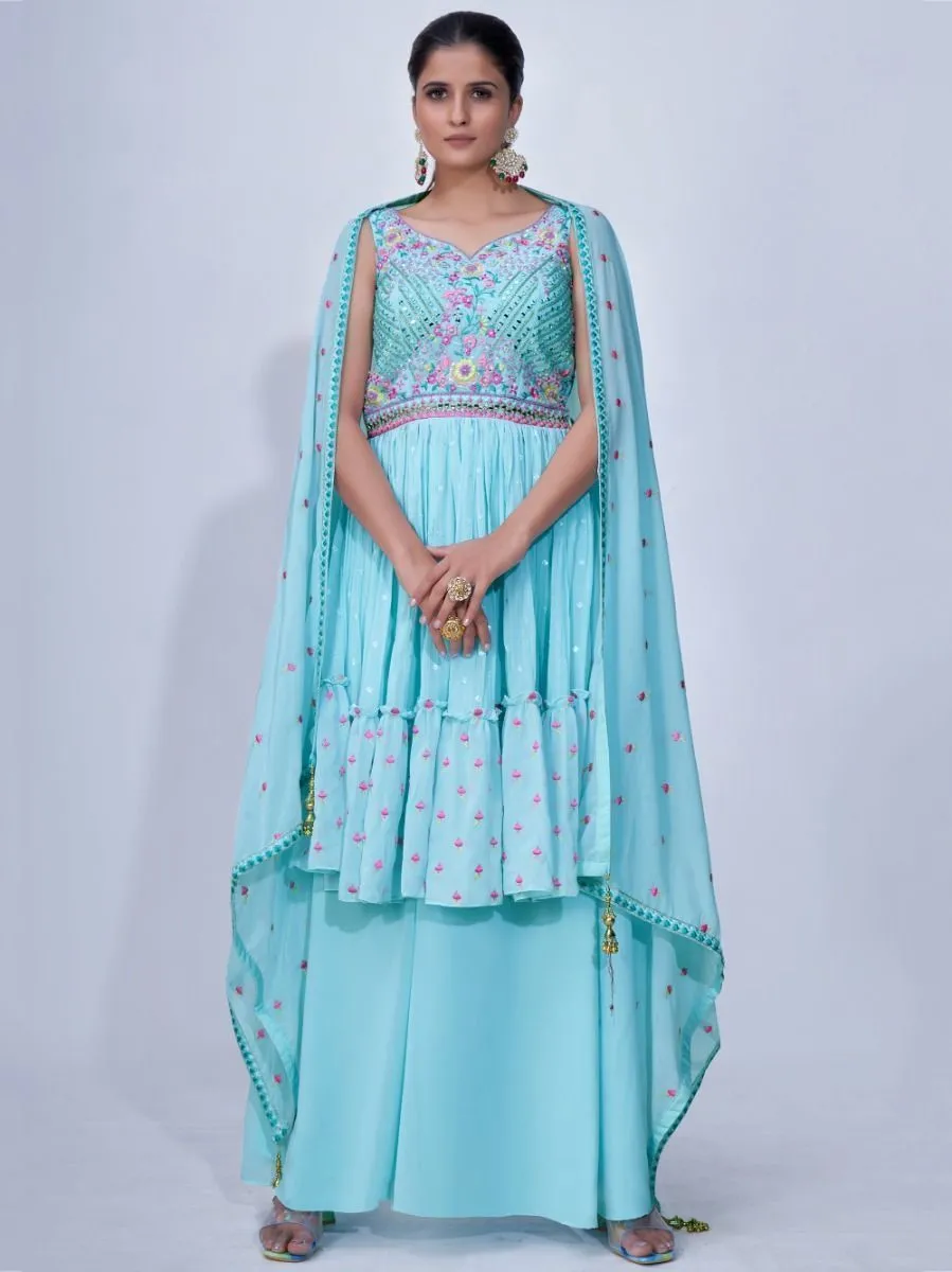 Light Blue Mirror Work Multi Embroidery Chiffon Palazzo Suit