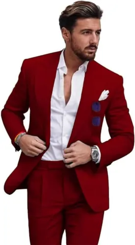 Linen Suit for Men 2 Pieces Slim Fit Casual Suits Groomsmen Tuxedos Wedding Party Blazer Pants Set
