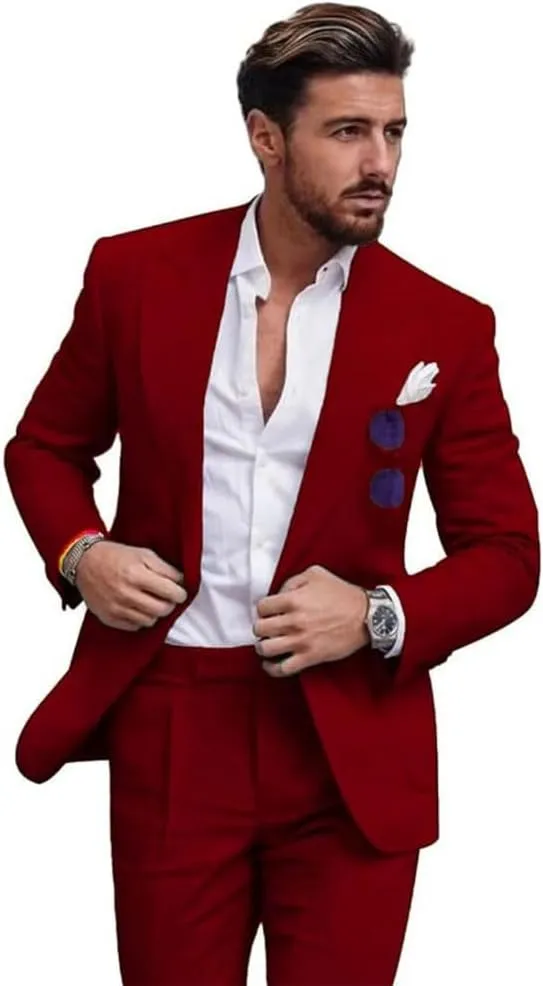 Linen Suit for Men 2 Pieces Slim Fit Casual Suits Groomsmen Tuxedos Wedding Party Blazer Pants Set