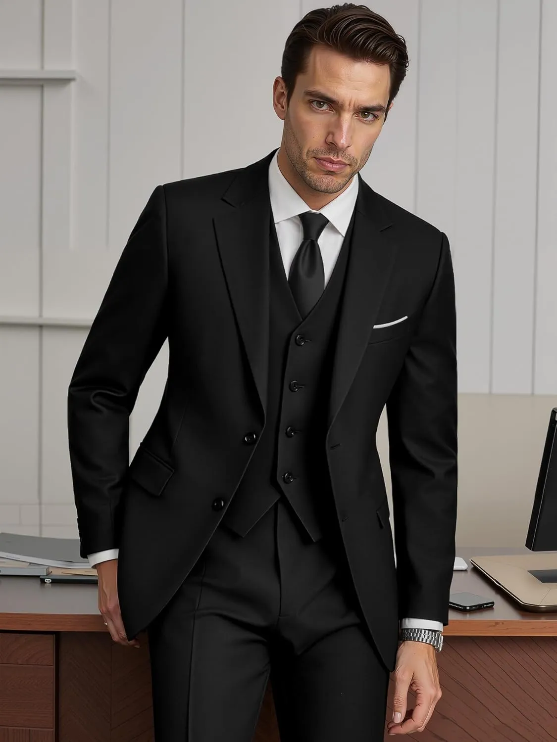 MAGE MALE Mens 3 Piece Slim Fit Suits Tuxedo Suit Set Prom Wedding Suits Two Button Blazer Jacket Vest Pants with Tie