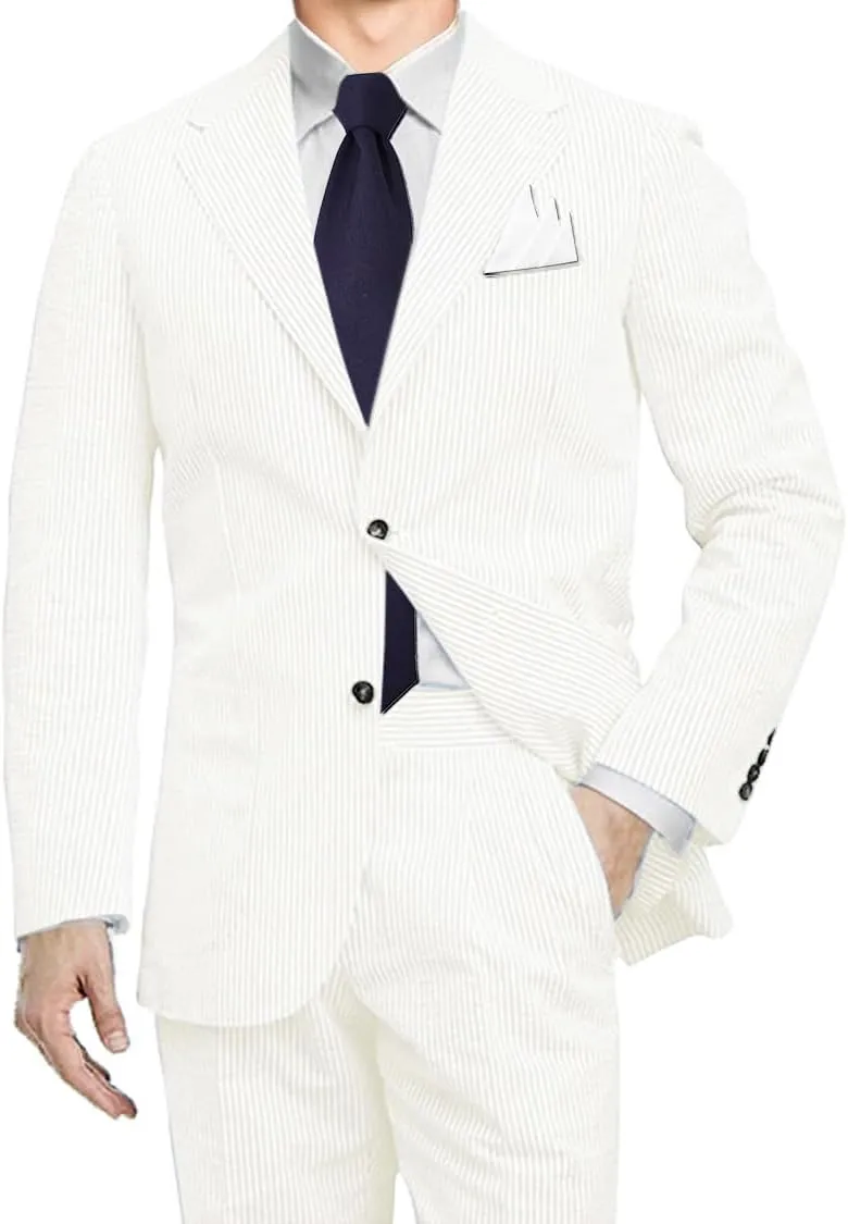 Men 2 Pieces Summer Seersucker Suits Beach Wedding Suits Grooms Slim Fit Striped Blazer