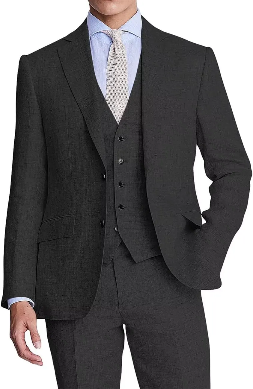 Men's Linen Suit 3 Piece Suits Slim Fit Beach Wedding Summer Casual Groomsmen Blazer Pants and Vest Tuxedo Set