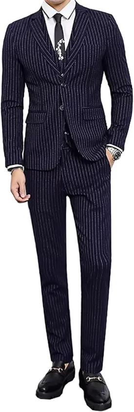 Mens Pinstripe Suit 3 Piece Slim Fit Casual Dress Suits Blazer Vest Pants