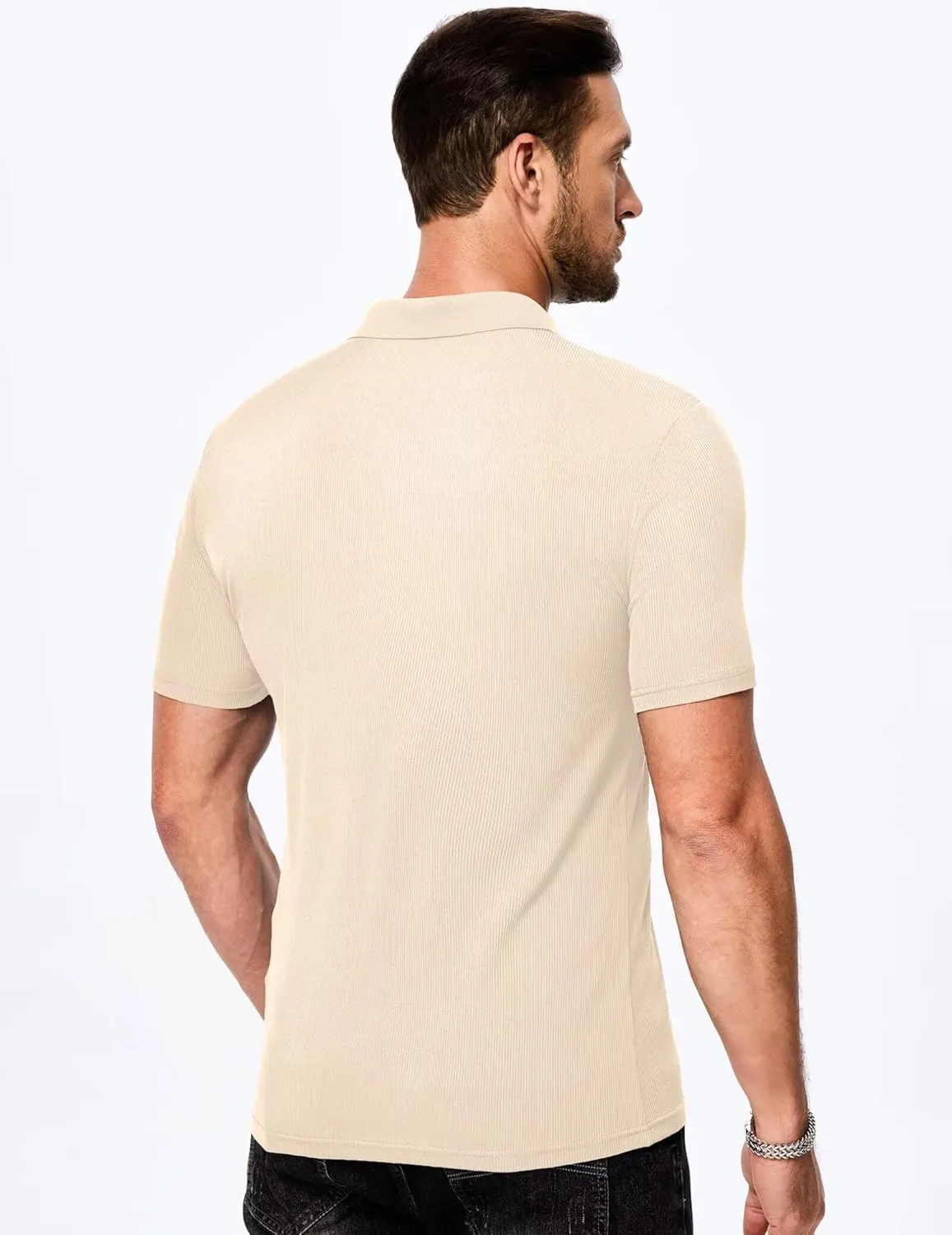 Mens Polo Shirts Short Sleeve V Neck Summer Polo T Shirts Casual Slim Fit Ribbed Textured Golf Shirts