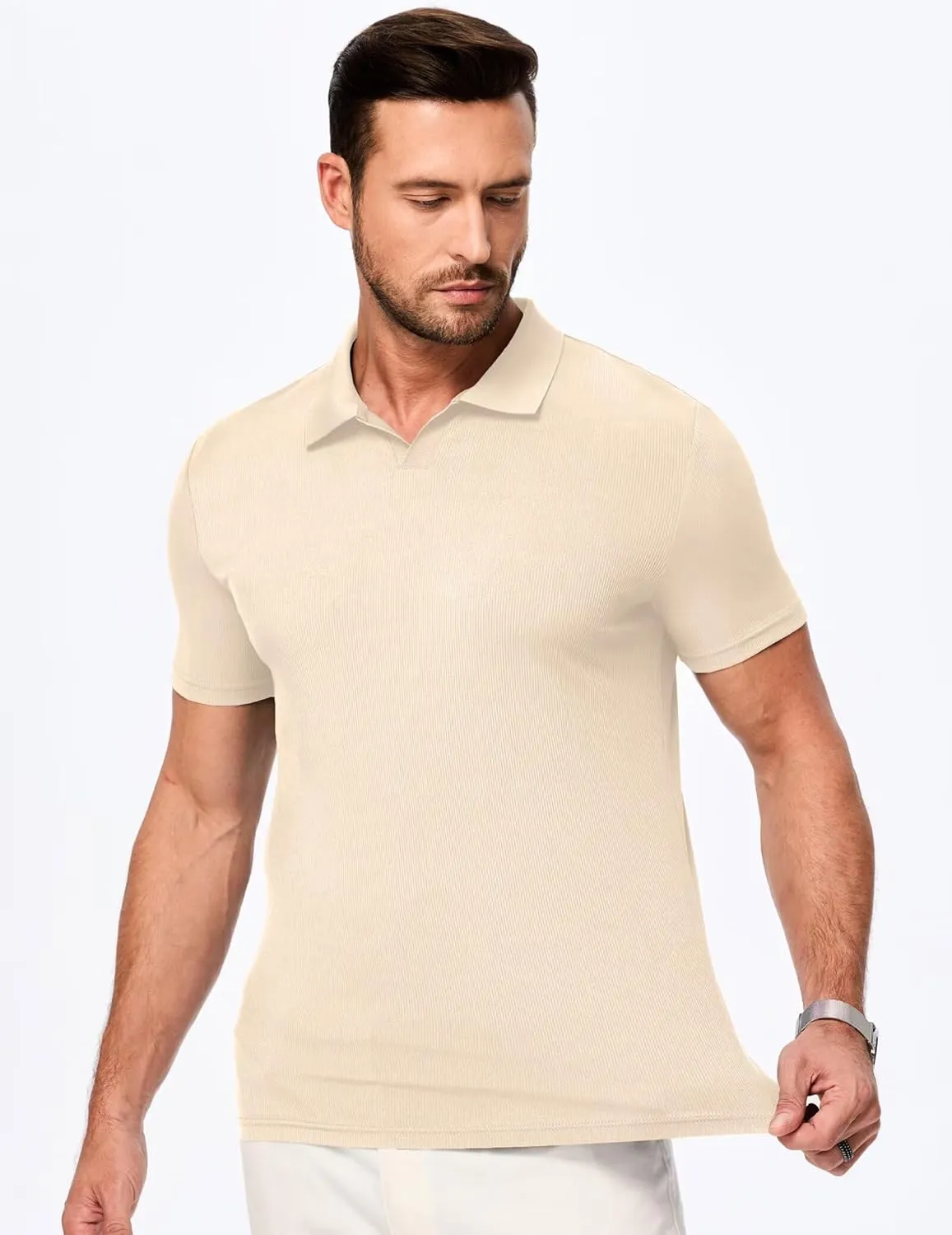 Mens Polo Shirts Short Sleeve V Neck Summer Polo T Shirts Casual Slim Fit Ribbed Textured Golf Shirts