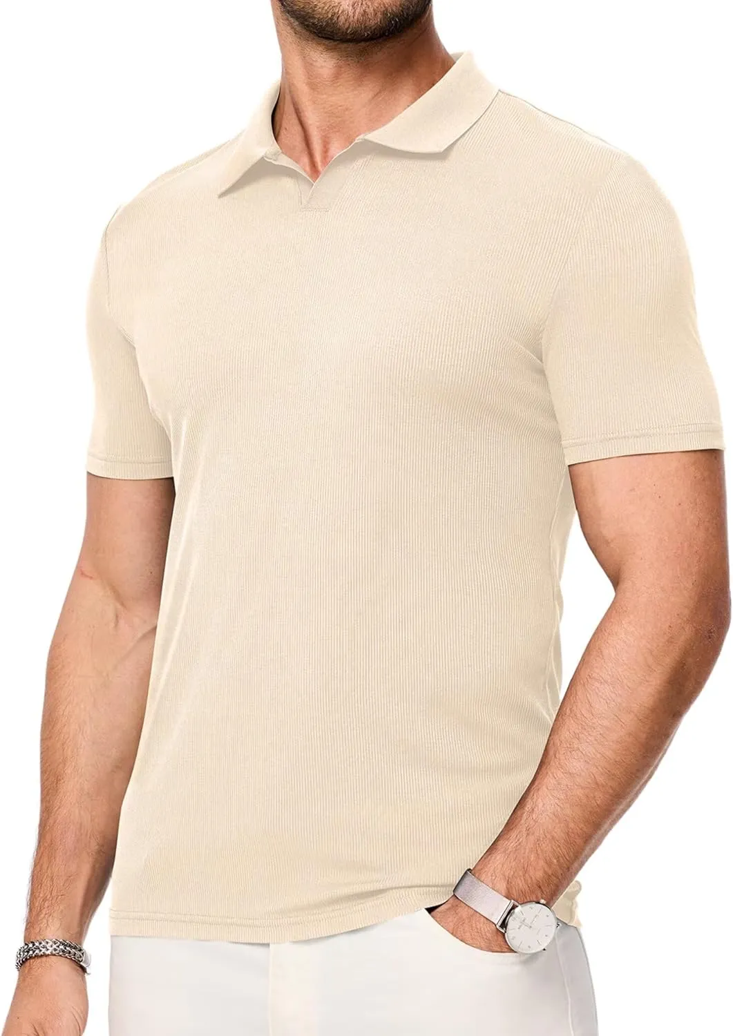 Mens Polo Shirts Short Sleeve V Neck Summer Polo T Shirts Casual Slim Fit Ribbed Textured Golf Shirts