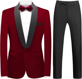 Mens Velvet Suits Slim Fit 2 Piece Tuxedo Suit for Men Solid One Button Shawl Lapel Blazer Jacket & Pants Set for Wedding