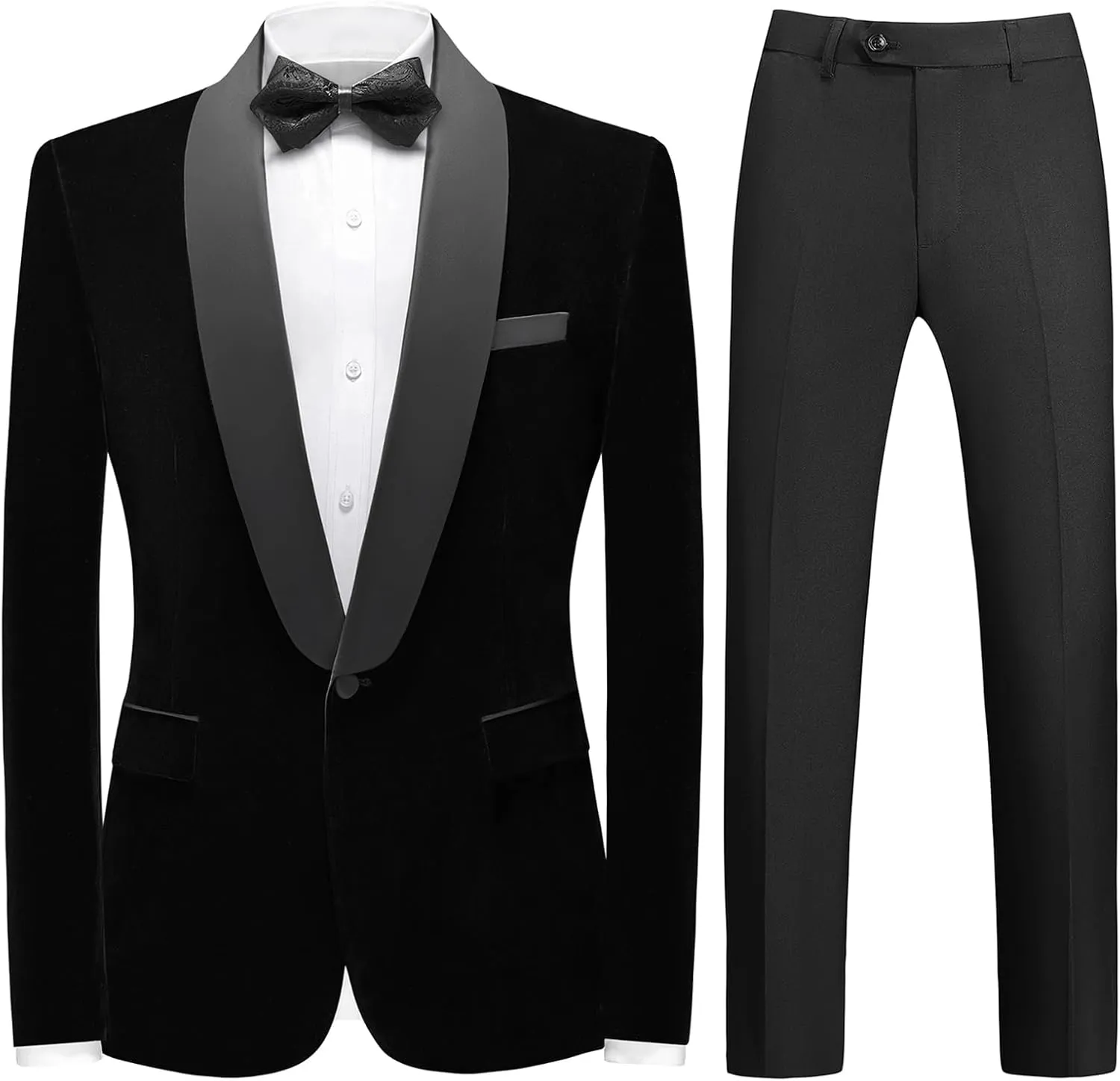 Mens Velvet Suits Slim Fit 2 Piece Tuxedo Suit for Men Solid One Button Shawl Lapel Blazer Jacket & Pants Set for Wedding