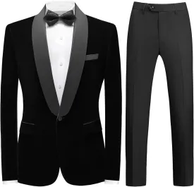 Mens Velvet Suits Slim Fit 2 Piece Tuxedo Suit for Men Solid One Button Shawl Lapel Blazer Jacket & Pants Set for Wedding