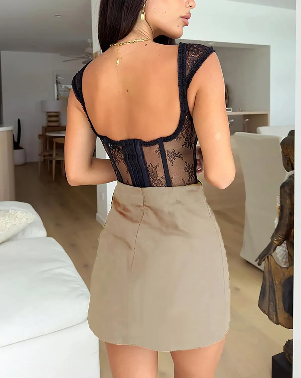 Mini Skirt with Slit High Waist Elastic Bodycon Mini Skort for Women