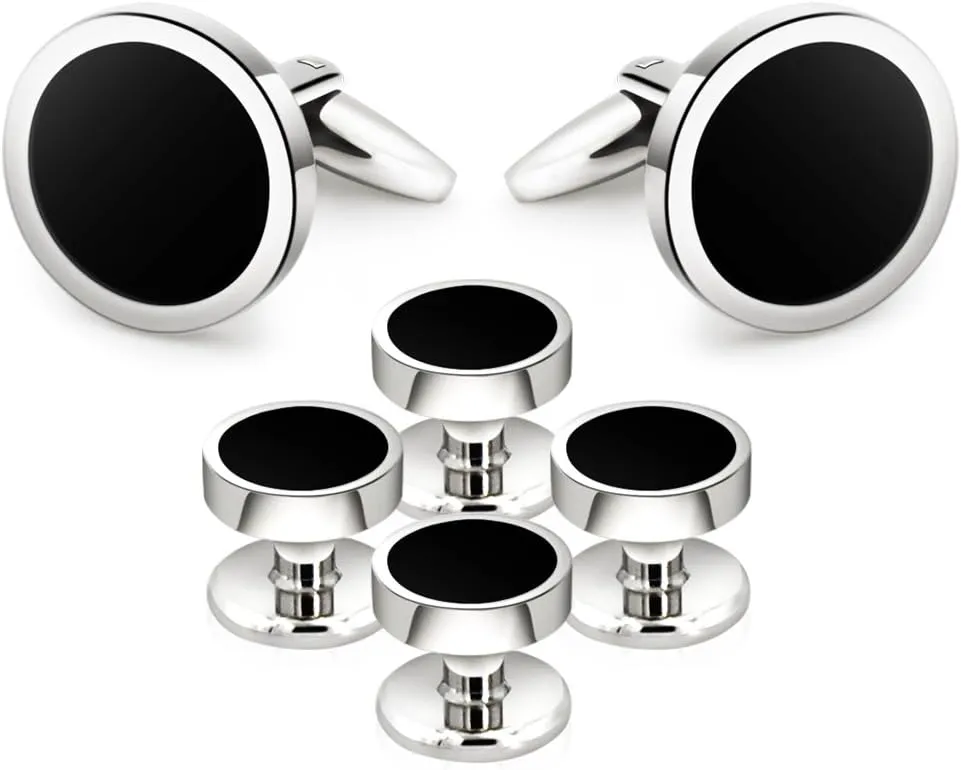 Mr.Van Onyx Cufflinks and Studs Set Formal Black Silver Groomsmen Groom Wedding Gift Cuff Links