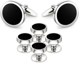 Mr.Van Onyx Cufflinks and Studs Set Formal Black Silver Groomsmen Groom Wedding Gift Cuff Links