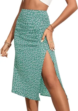 OYOANGLE Women's Boho Floral Print High Waisted A Line Split Thigh Summer Midi Skirt