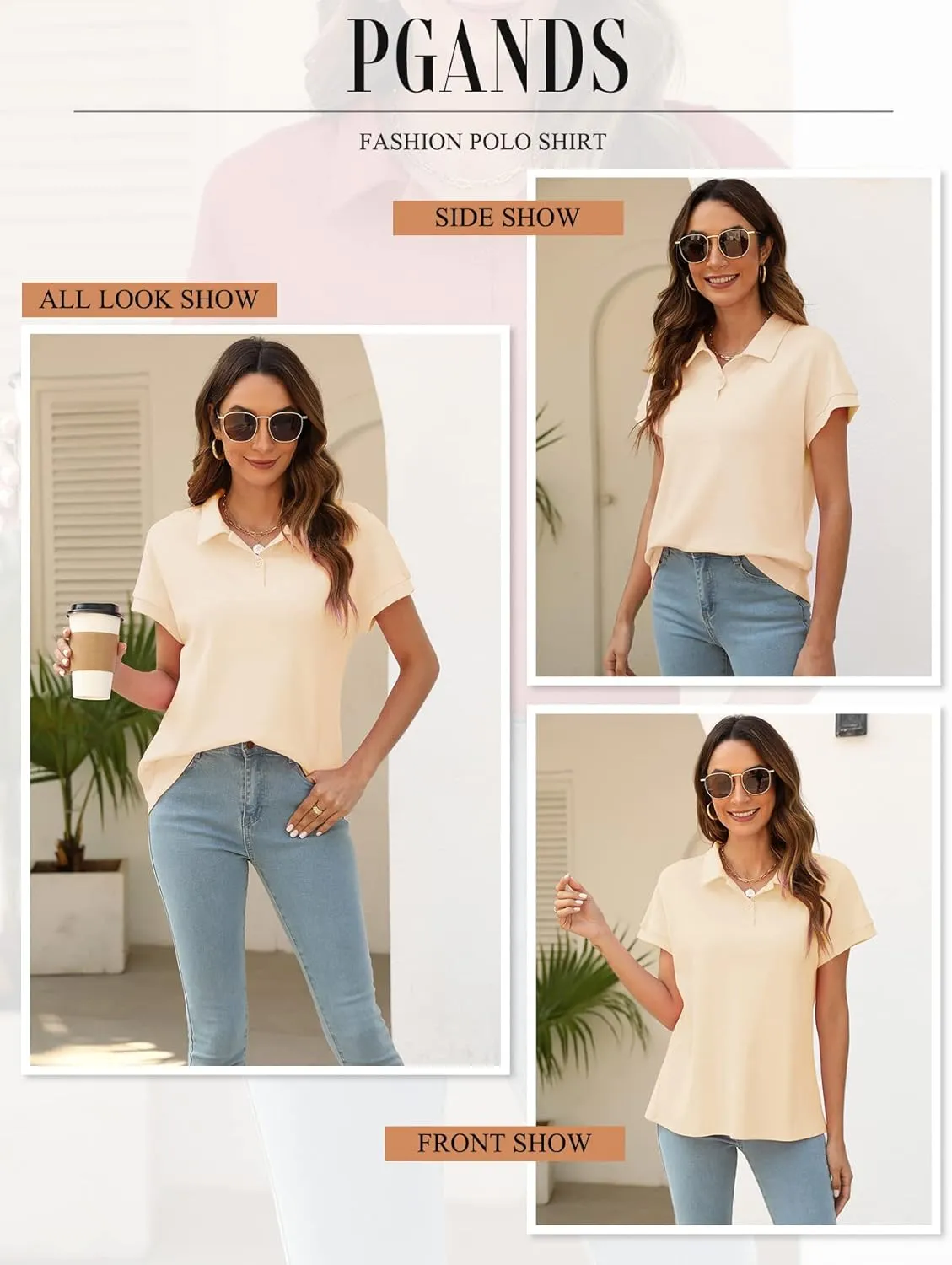 PGANDS Women's Short Sleeve Polo Shirts Collared V Neck Button Summer Casual Top
