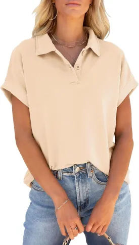PGANDS Women's Short Sleeve Polo Shirts Collared V Neck Button Summer Casual Top