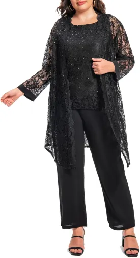 Plus Size Elegant Mother of The Bride Pant Suits Chiffon Pant with Women's Tank Top and Sequin Lace Jacket Evening Gown