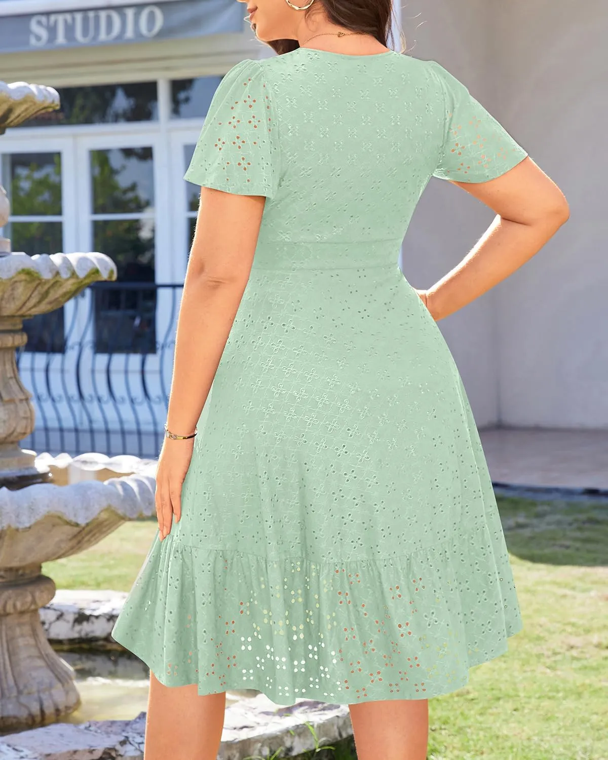 Plus Size Wedding Guest Dress - Summer Semi Formal Midi Eyelet Short Sleeve Wrap V Neck Belted A Line Dresses 2025