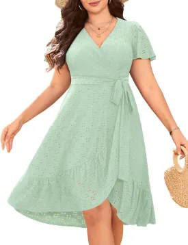 Plus Size Wedding Guest Dress - Summer Semi Formal Midi Eyelet Short Sleeve Wrap V Neck Belted A Line Dresses 2025