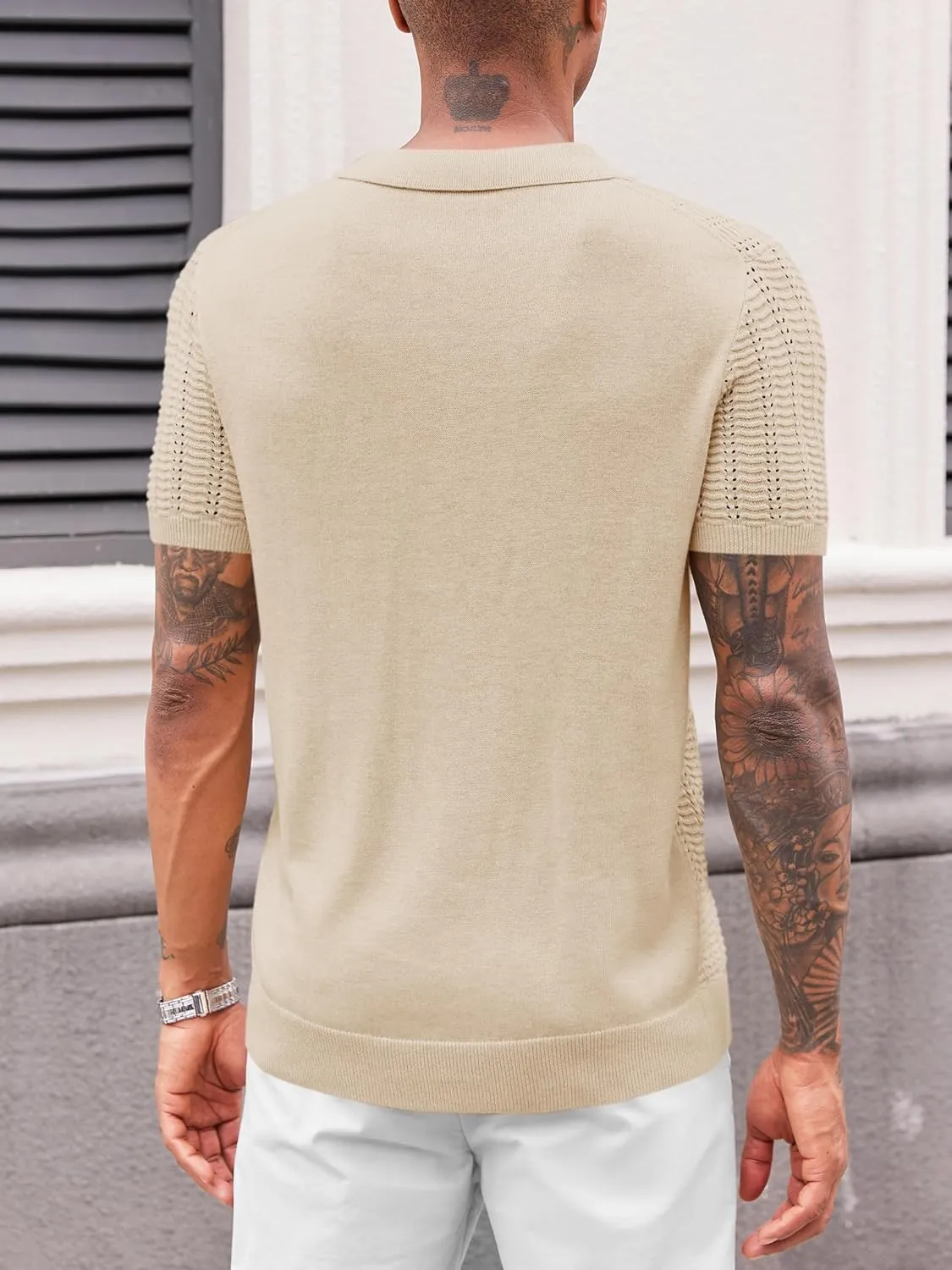 Runcati Mens Knit Short Sleeve Polo Shirts Casual V Neck Hollow Out Sweater Golf Summer Shirt