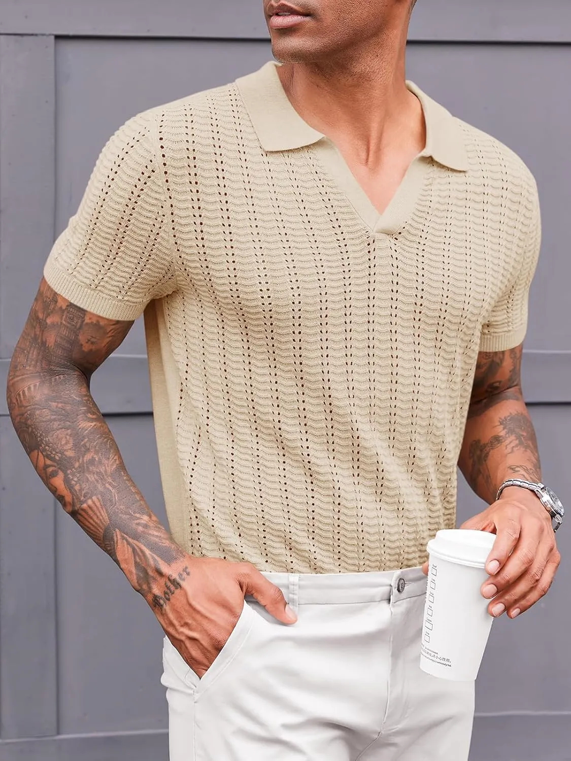 Runcati Mens Knit Short Sleeve Polo Shirts Casual V Neck Hollow Out Sweater Golf Summer Shirt